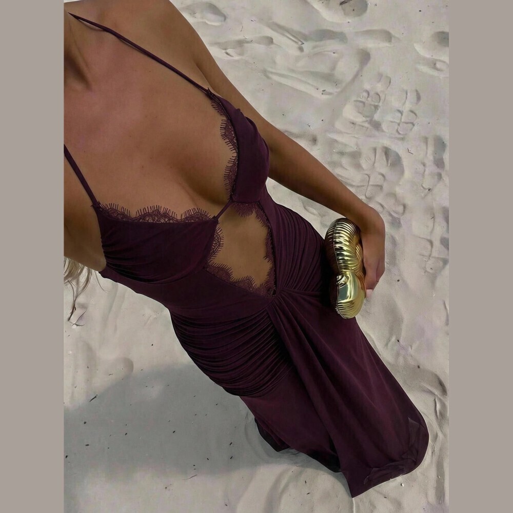 Plum Lace Trim Ruched Cutout Spaghetti Strap Slim Fit Maxi Dress